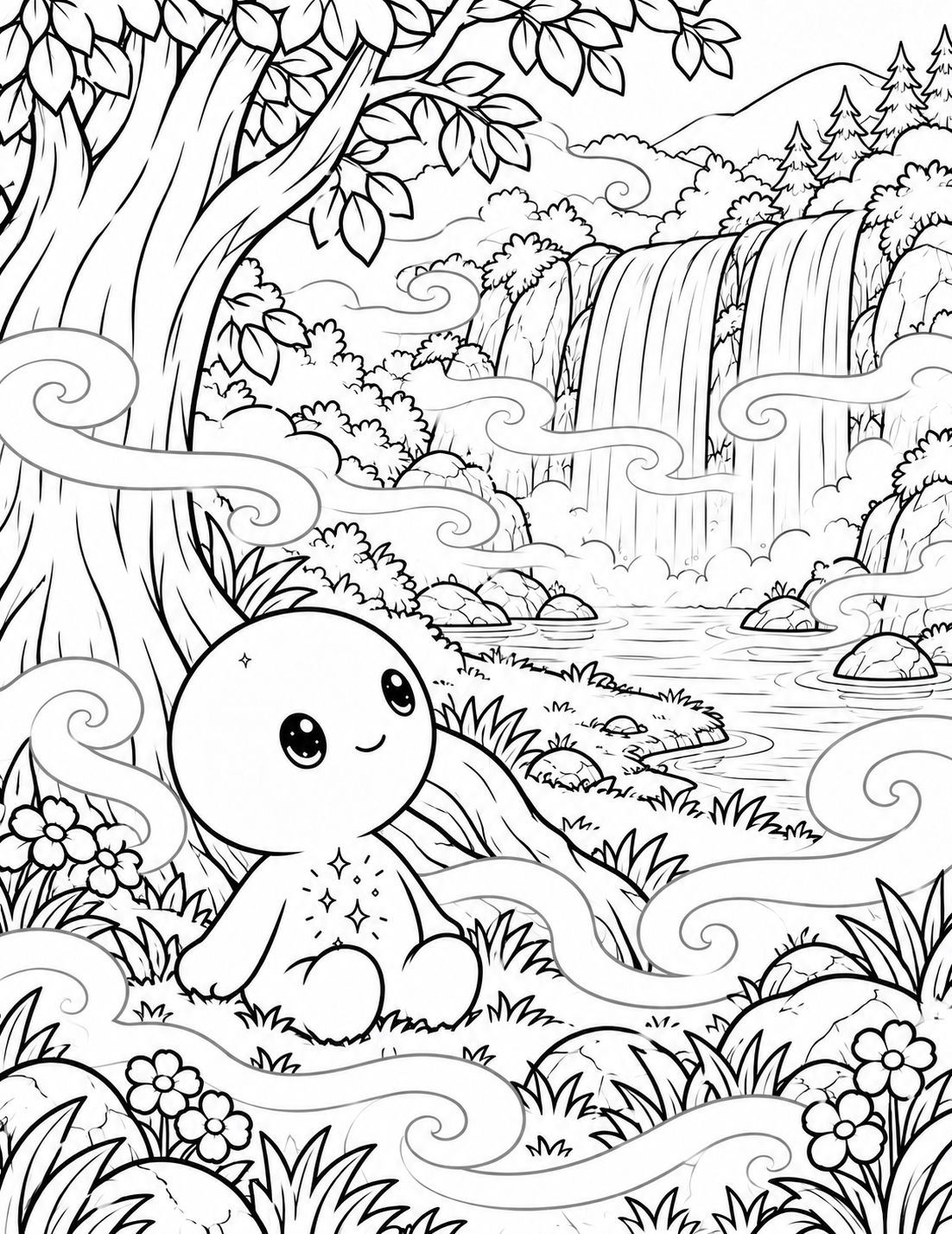 Preview of Lumi sitting beneath a tree and looking toward a waterfall through the Brightland fog